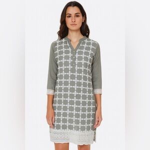 Neerus Sage Green and Ivory Straight Casual Kurtis Tunic Shirt Dress size Small